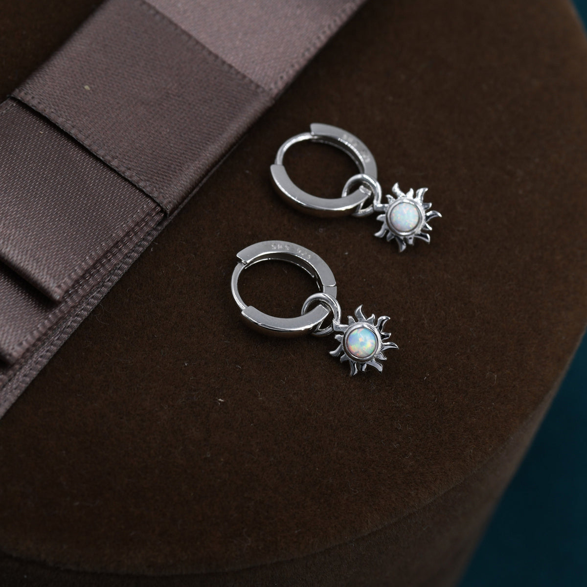 White Opal Sun Dangle Huggie Hoop Earrings in Sterling Silver, Silver or Gold, Sun Earrings, Celestial Earrings, Detachable Fire Opal Sun