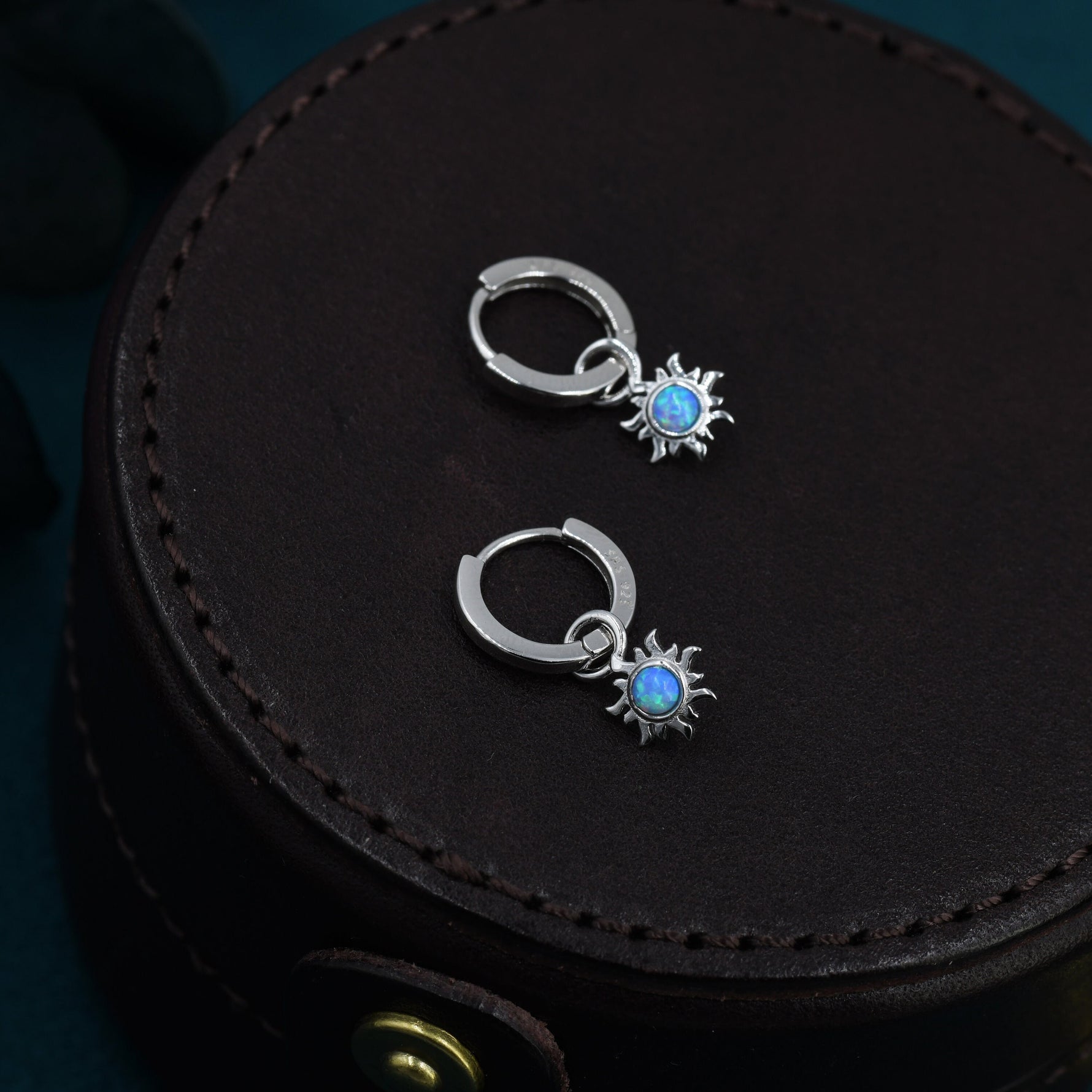 Blue Opal Sun Dangle Huggie Hoop Earrings in Sterling Silver, Silver or Gold, Sun Earrings, Celestial Earrings, Detachable Blue Opal Sun