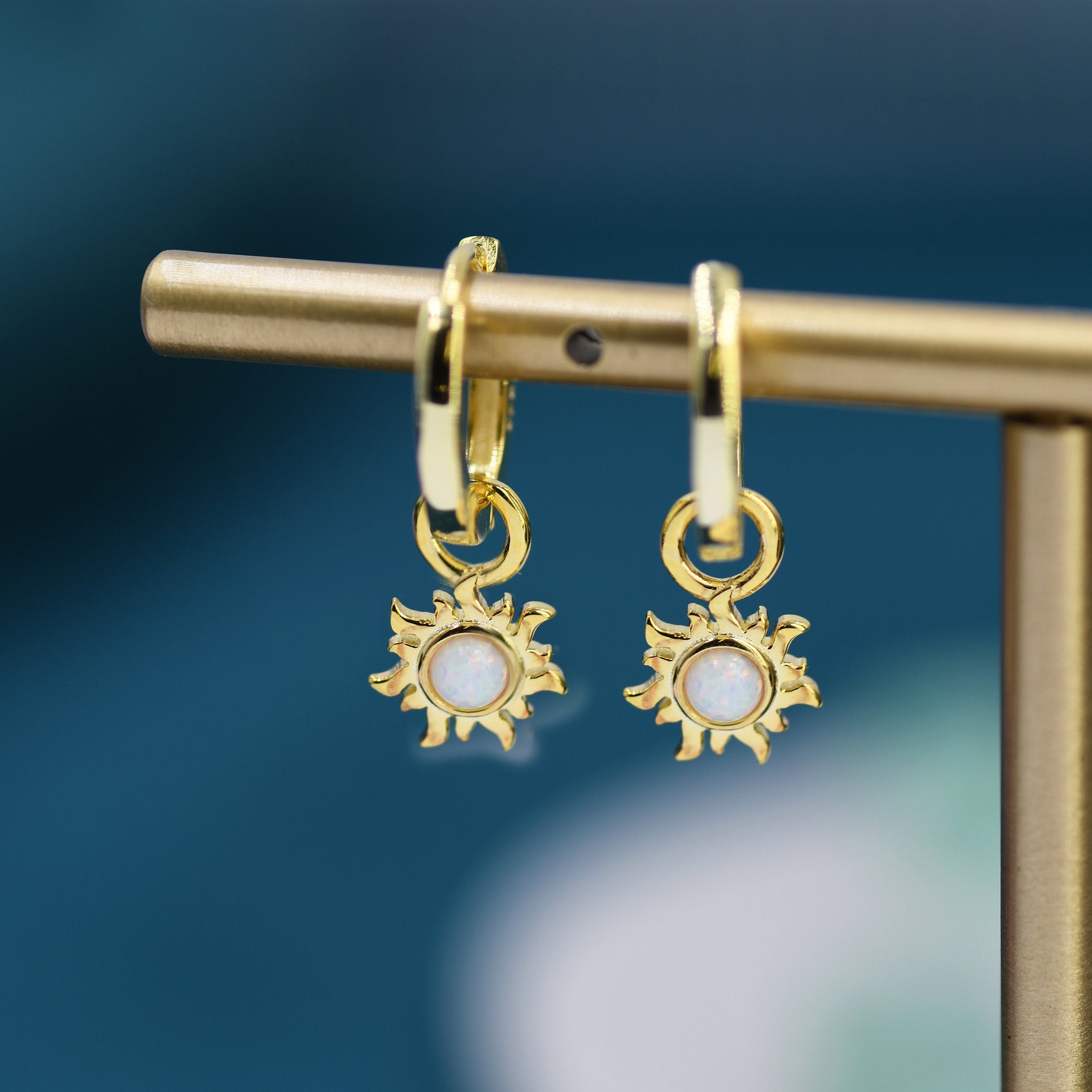 White Opal Sun Dangle Huggie Hoop Earrings in Sterling Silver, Silver or Gold, Sun Earrings, Celestial Earrings, Detachable Fire Opal Sun