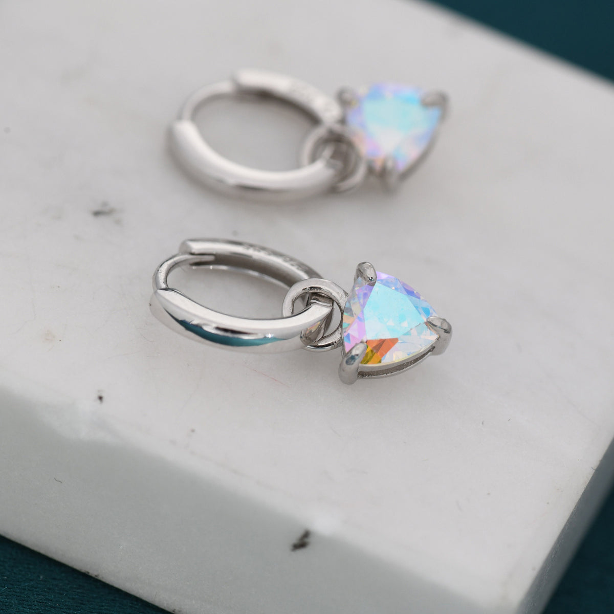 Sterling Silver Aurora AB CZ Trillion Cut Hoop Earrings, Silver or Gold, Triangle Dangle Hoop Earrings, Interchangeable Charm