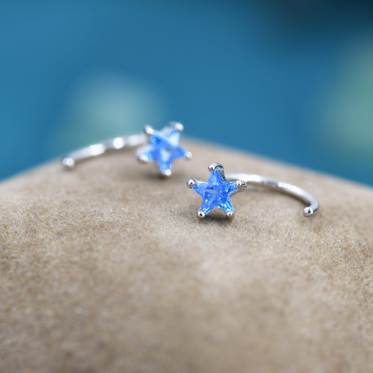 Aquamarine Blue CZ Star Huggie Hoop Earrings in Sterling Silver, Tiny Blue Star CZ Trio Open Hoops, Pull Through Threaders, Half Hoops