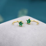 Emerald Green CZ Star Huggie Hoop Earrings in Sterling Silver, Tiny Green Star CZ Trio Open Hoops, Pull Through Threaders, Half Hoops