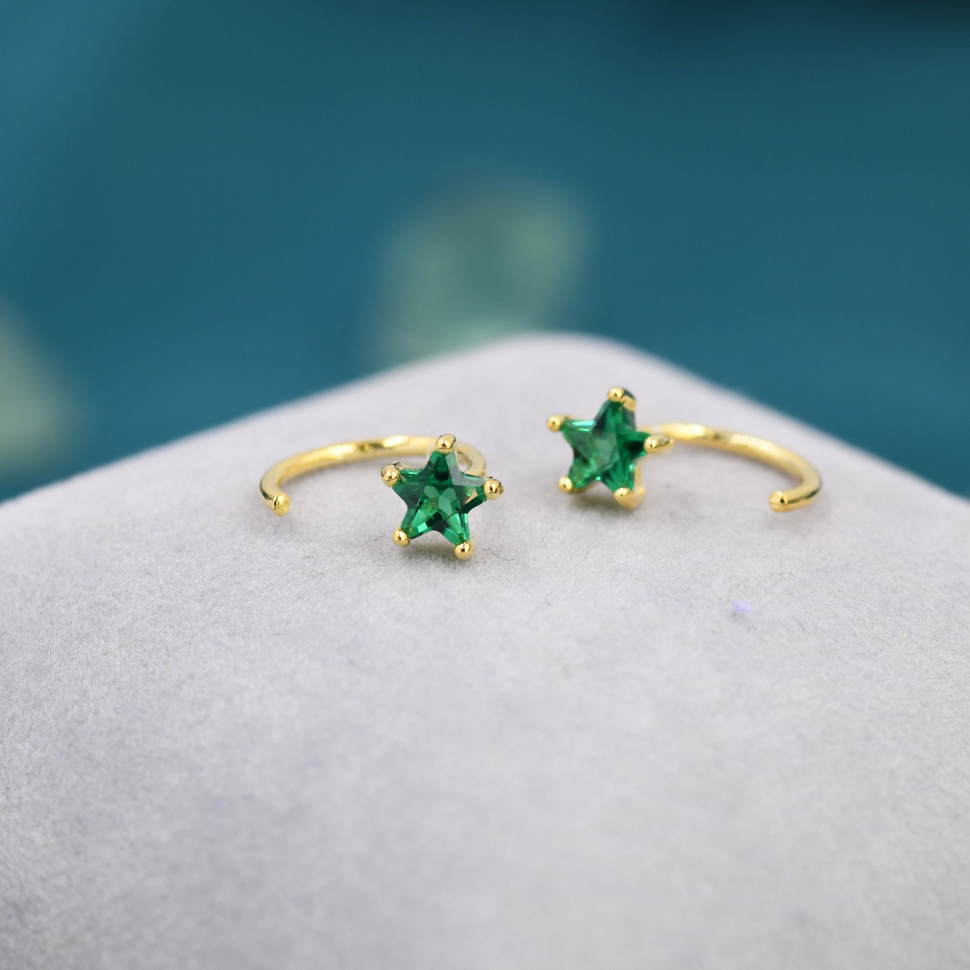 Emerald Green CZ Star Huggie Hoop Earrings in Sterling Silver, Tiny Green Star CZ Trio Open Hoops, Pull Through Threaders, Half Hoops