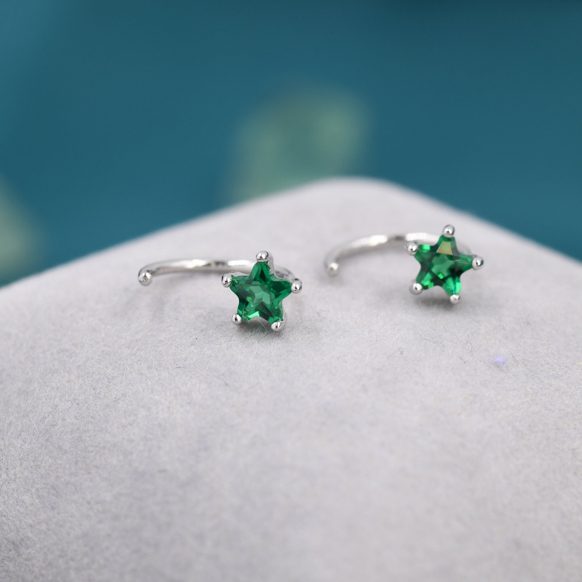 Emerald Green CZ Star Huggie Hoop Earrings in Sterling Silver, Tiny Green Star CZ Trio Open Hoops, Pull Through Threaders, Half Hoops
