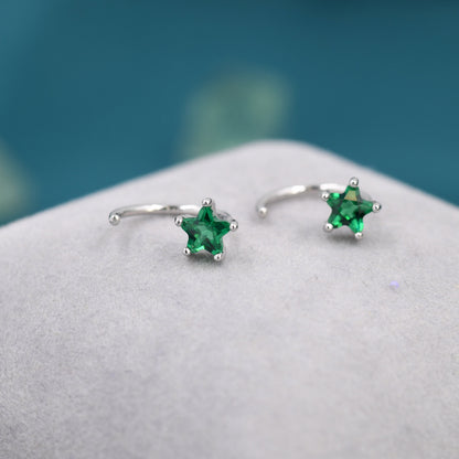 Emerald Green CZ Star Huggie Hoop Earrings in Sterling Silver, Tiny Green Star CZ Trio Open Hoops, Pull Through Threaders, Half Hoops
