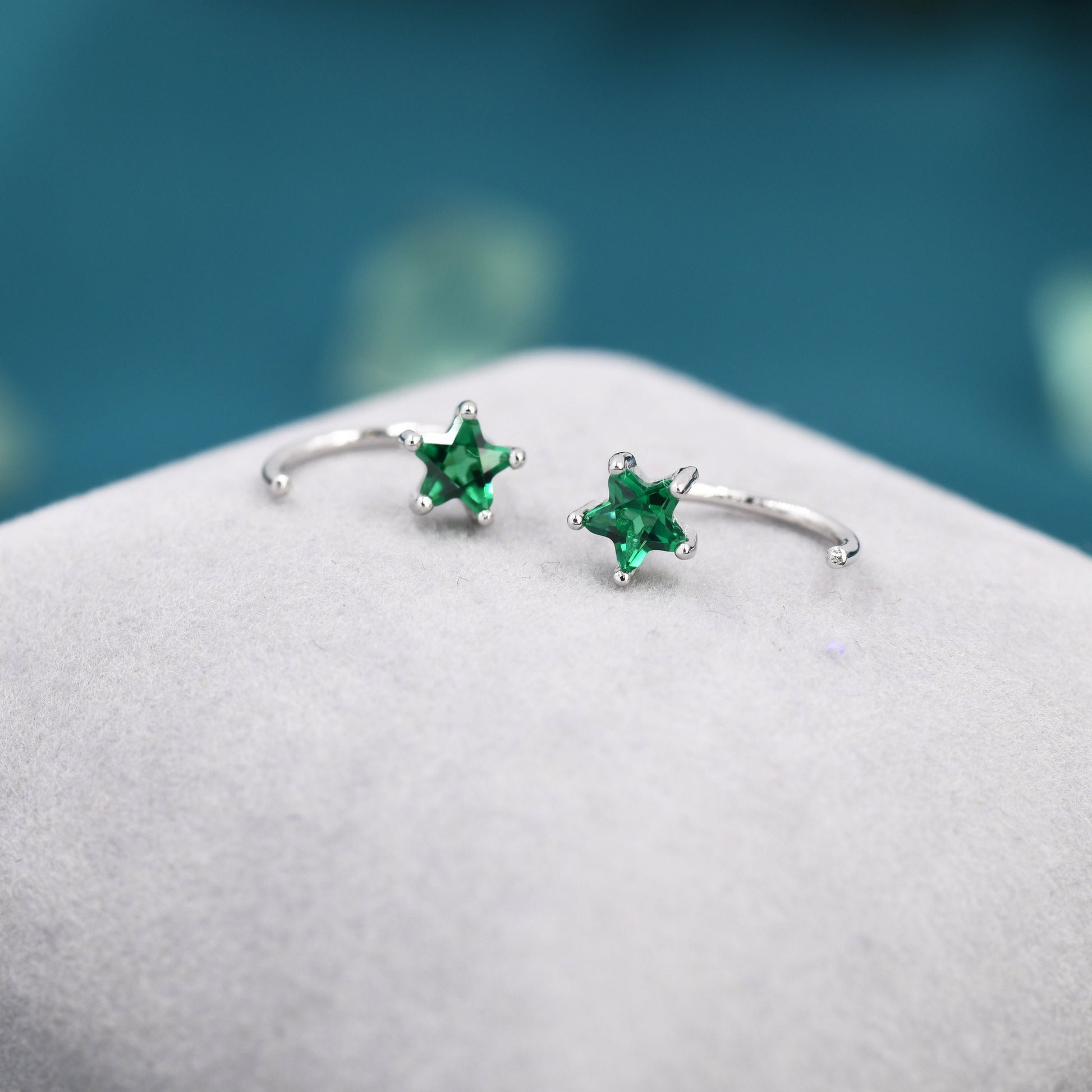 Emerald Green CZ Star Huggie Hoop Earrings in Sterling Silver, Tiny Green Star CZ Trio Open Hoops, Pull Through Threaders, Half Hoops