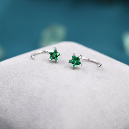 Emerald Green CZ Star Huggie Hoop Earrings in Sterling Silver, Tiny Green Star CZ Trio Open Hoops, Pull Through Threaders, Half Hoops
