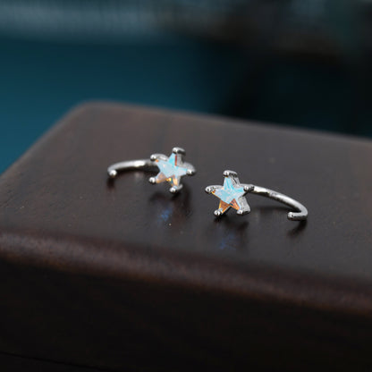 Aurora Borealis AB CZ Star Huggie Hoop Earrings in Sterling Silver, Tiny Moonstone Star CZ Open Hoops, Pull Through Threaders, Half Hoops