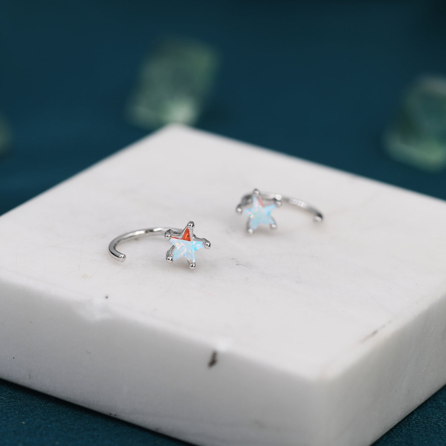 Aurora Borealis AB CZ Star Huggie Hoop Earrings in Sterling Silver, Tiny Moonstone Star CZ Open Hoops, Pull Through Threaders, Half Hoops