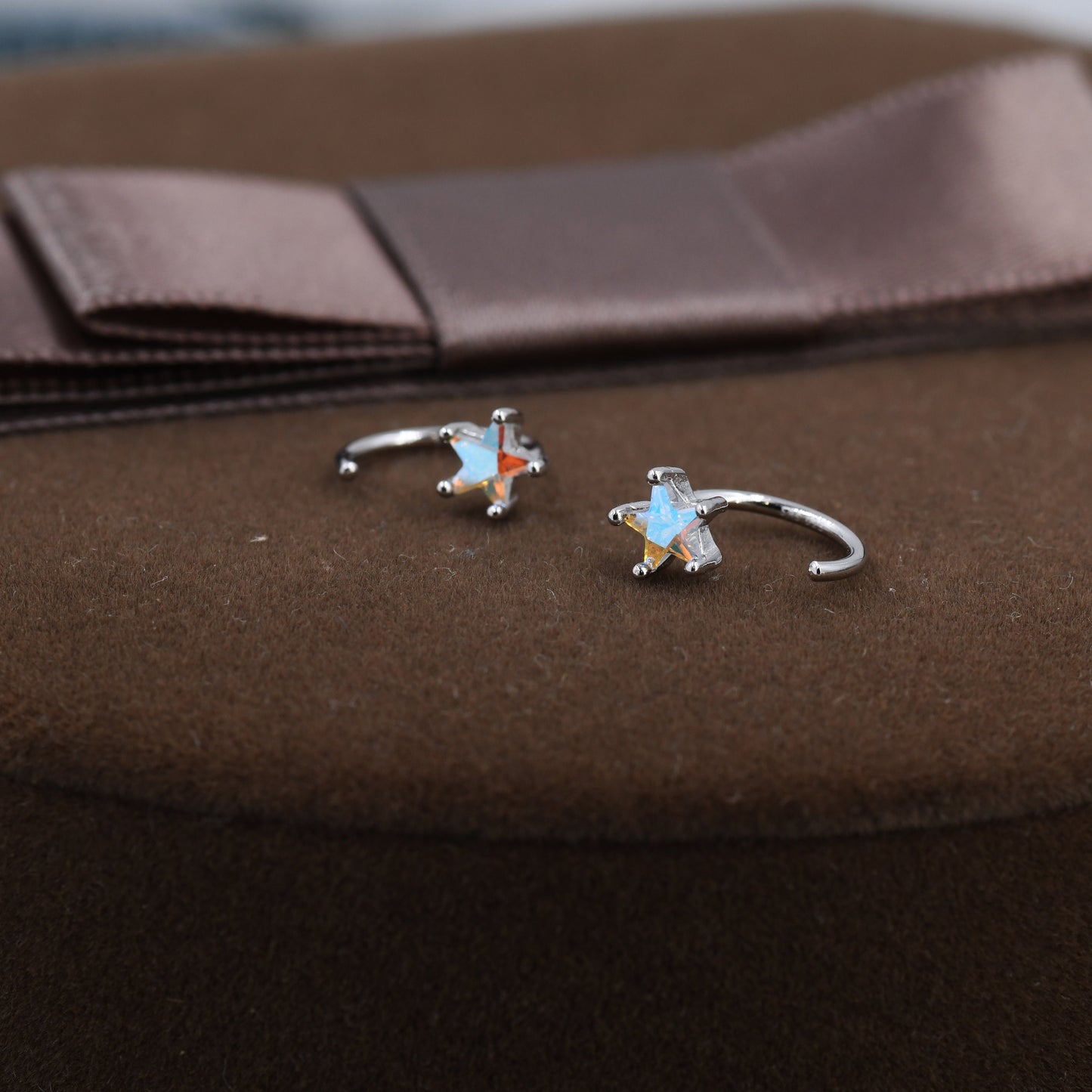 Aurora Borealis AB CZ Star Huggie Hoop Earrings in Sterling Silver, Tiny Moonstone Star CZ Open Hoops, Pull Through Threaders, Half Hoops