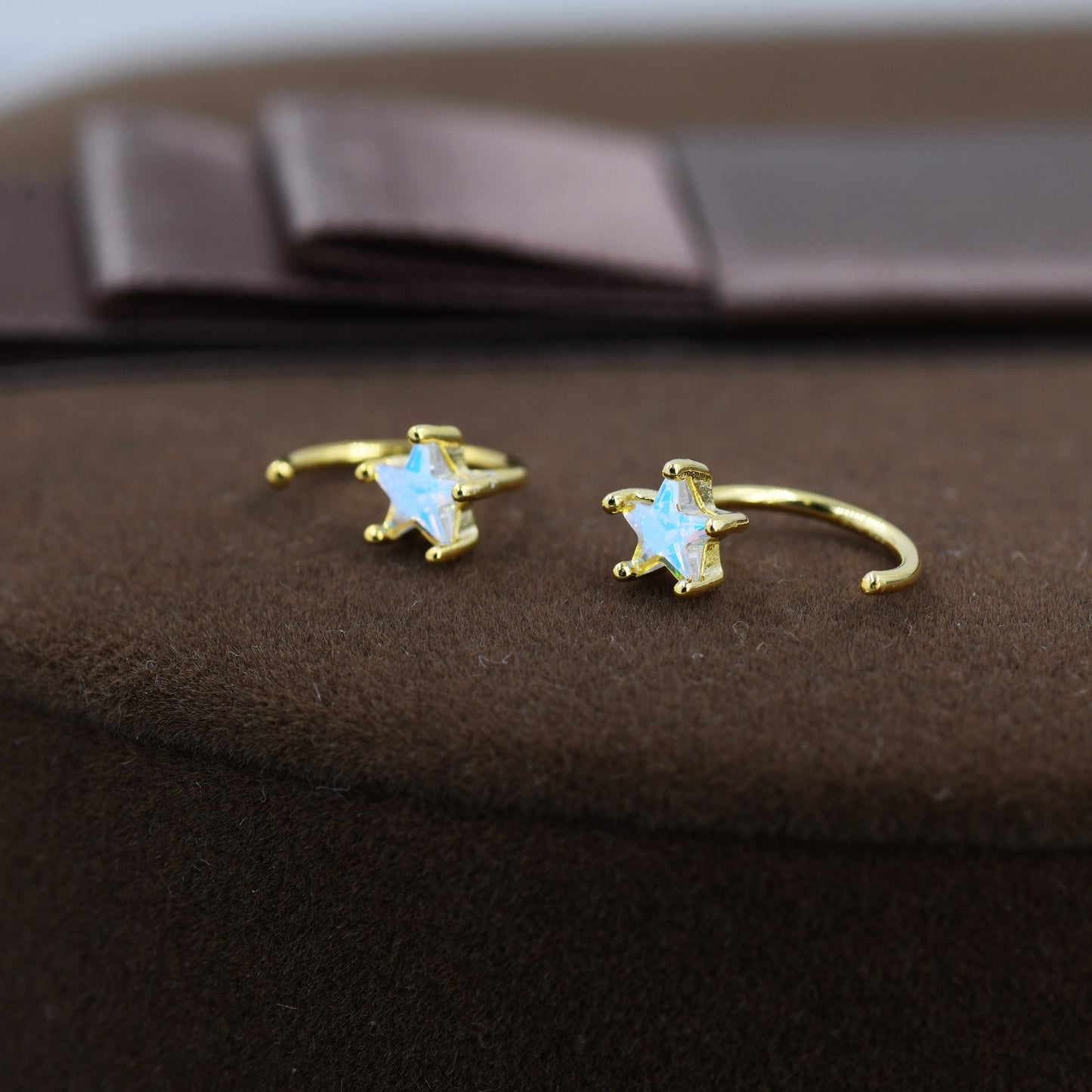 Aurora Borealis AB CZ Star Huggie Hoop Earrings in Sterling Silver, Tiny Moonstone Star CZ Open Hoops, Pull Through Threaders, Half Hoops