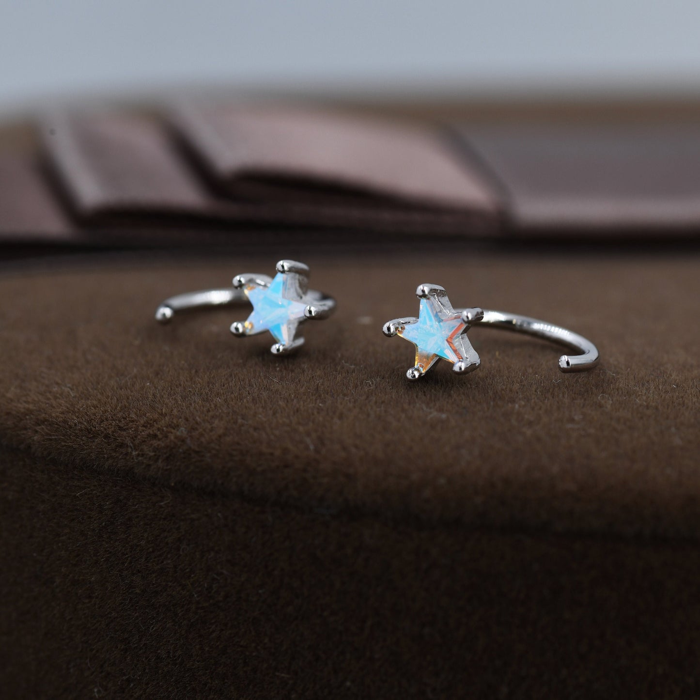 Aurora Borealis AB CZ Star Huggie Hoop Earrings in Sterling Silver, Tiny Moonstone Star CZ Open Hoops, Pull Through Threaders, Half Hoops