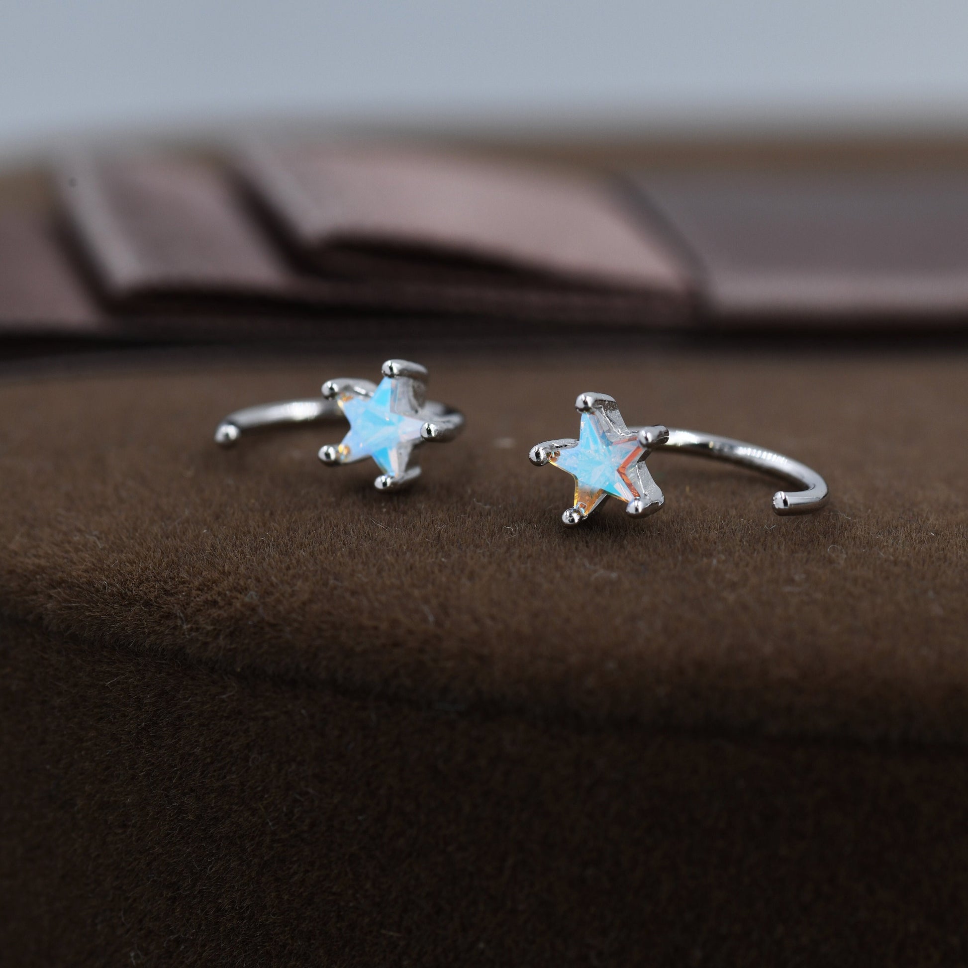 Aurora Borealis AB CZ Star Huggie Hoop Earrings in Sterling Silver, Tiny Moonstone Star CZ Open Hoops, Pull Through Threaders, Half Hoops
