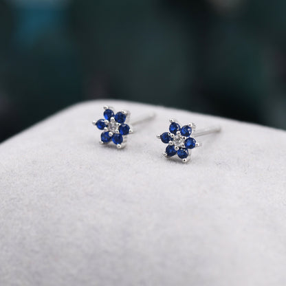 Very Tiny Sapphire Blue CZ Flower Stud Earrings in Sterling Silver, Silver or Gold, Crystal Flower Earrings, Stacking Earrings