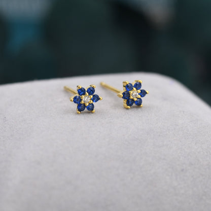 Very Tiny Sapphire Blue CZ Flower Stud Earrings in Sterling Silver, Silver or Gold, Crystal Flower Earrings, Stacking Earrings