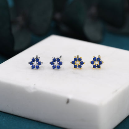 Very Tiny Sapphire Blue CZ Flower Stud Earrings in Sterling Silver, Silver or Gold, Crystal Flower Earrings, Stacking Earrings