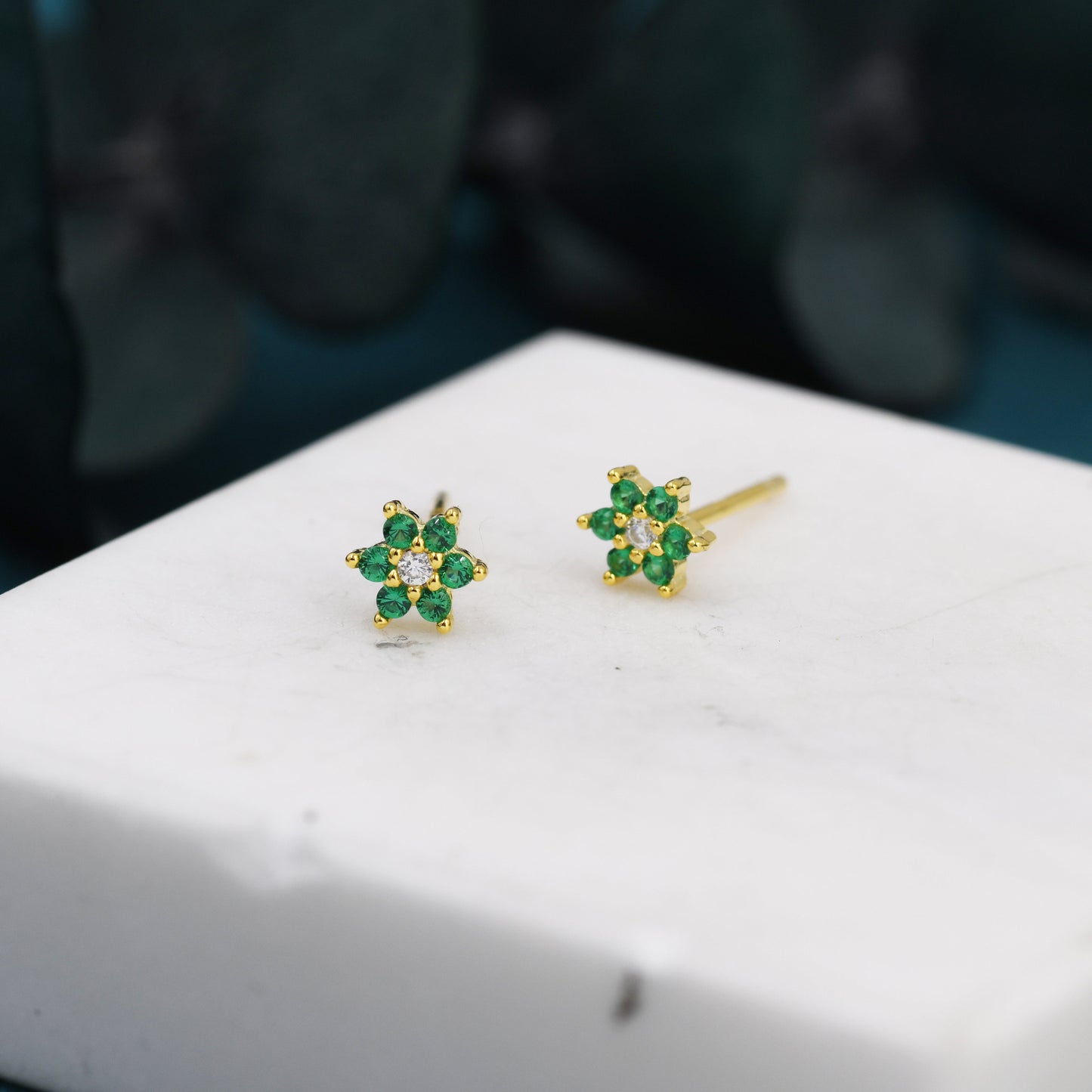 Very Tiny Emerald Green CZ Flower Stud Earrings in Sterling Silver, Silver or Gold, Crystal Flower Earrings, Stacking Earrings