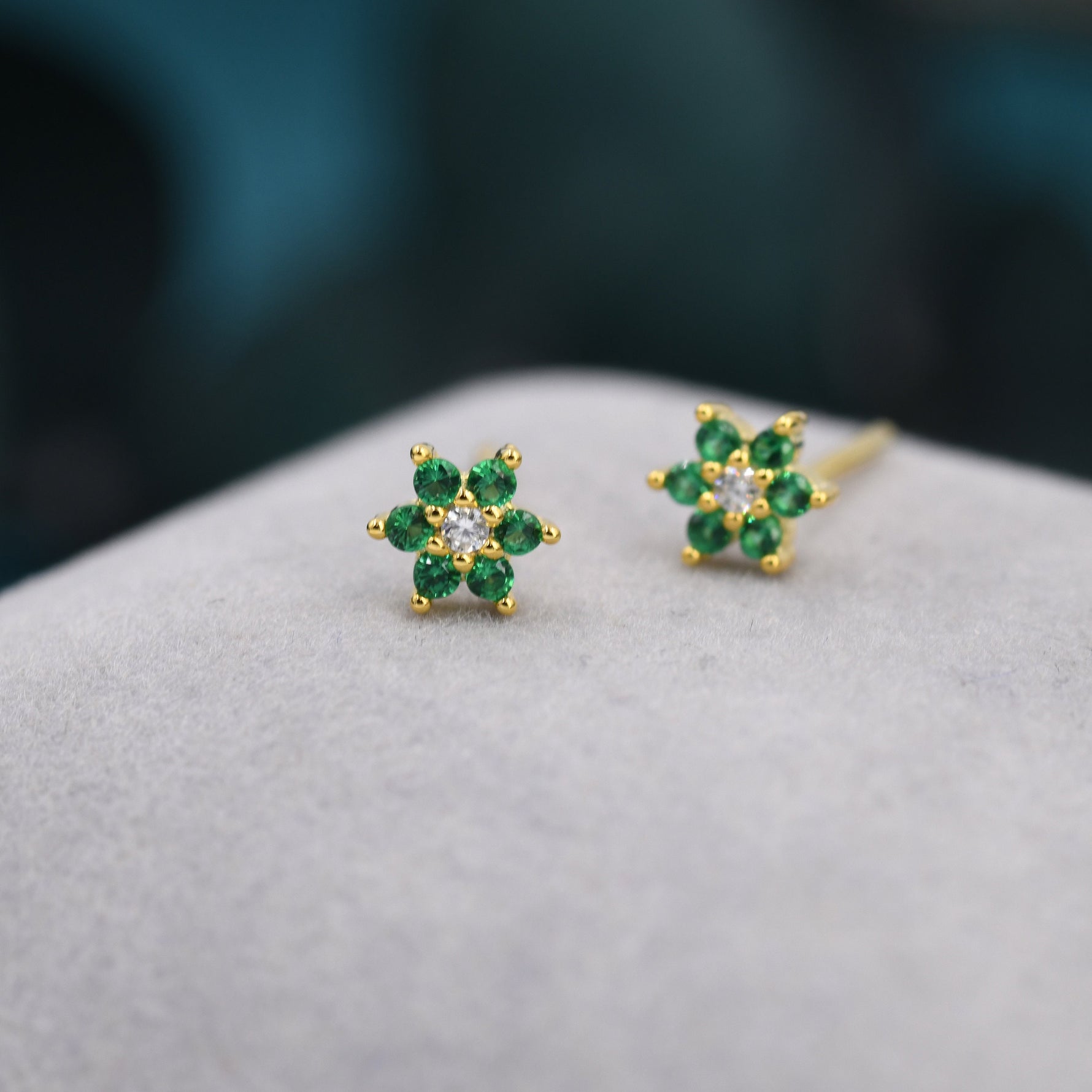 Very Tiny Emerald Green CZ Flower Stud Earrings in Sterling Silver, Silver or Gold, Crystal Flower Earrings, Stacking Earrings