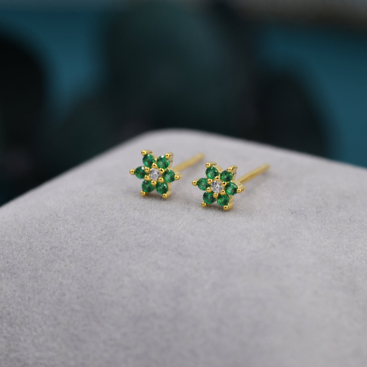 Very Tiny Emerald Green CZ Flower Stud Earrings in Sterling Silver, Silver or Gold, Crystal Flower Earrings, Stacking Earrings
