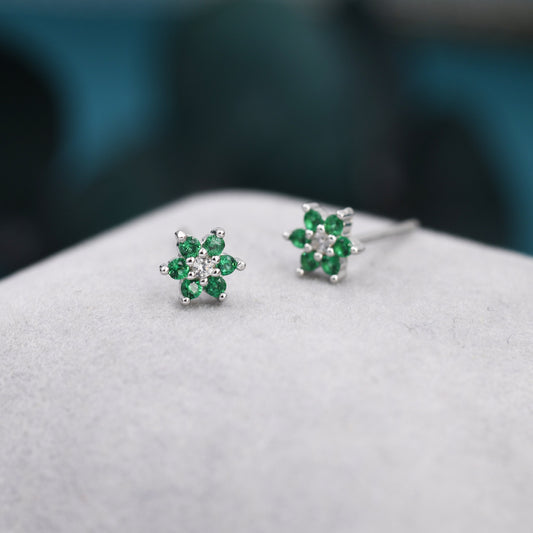 Very Tiny Emerald Green CZ Flower Stud Earrings in Sterling Silver, Silver or Gold, Crystal Flower Earrings, Stacking Earrings