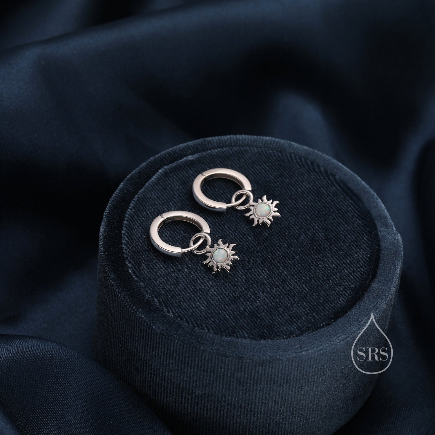 White Opal Sun Dangle Huggie Hoop Earrings in Sterling Silver, Silver or Gold, Sun Earrings, Celestial Earrings, Detachable Fire Opal Sun