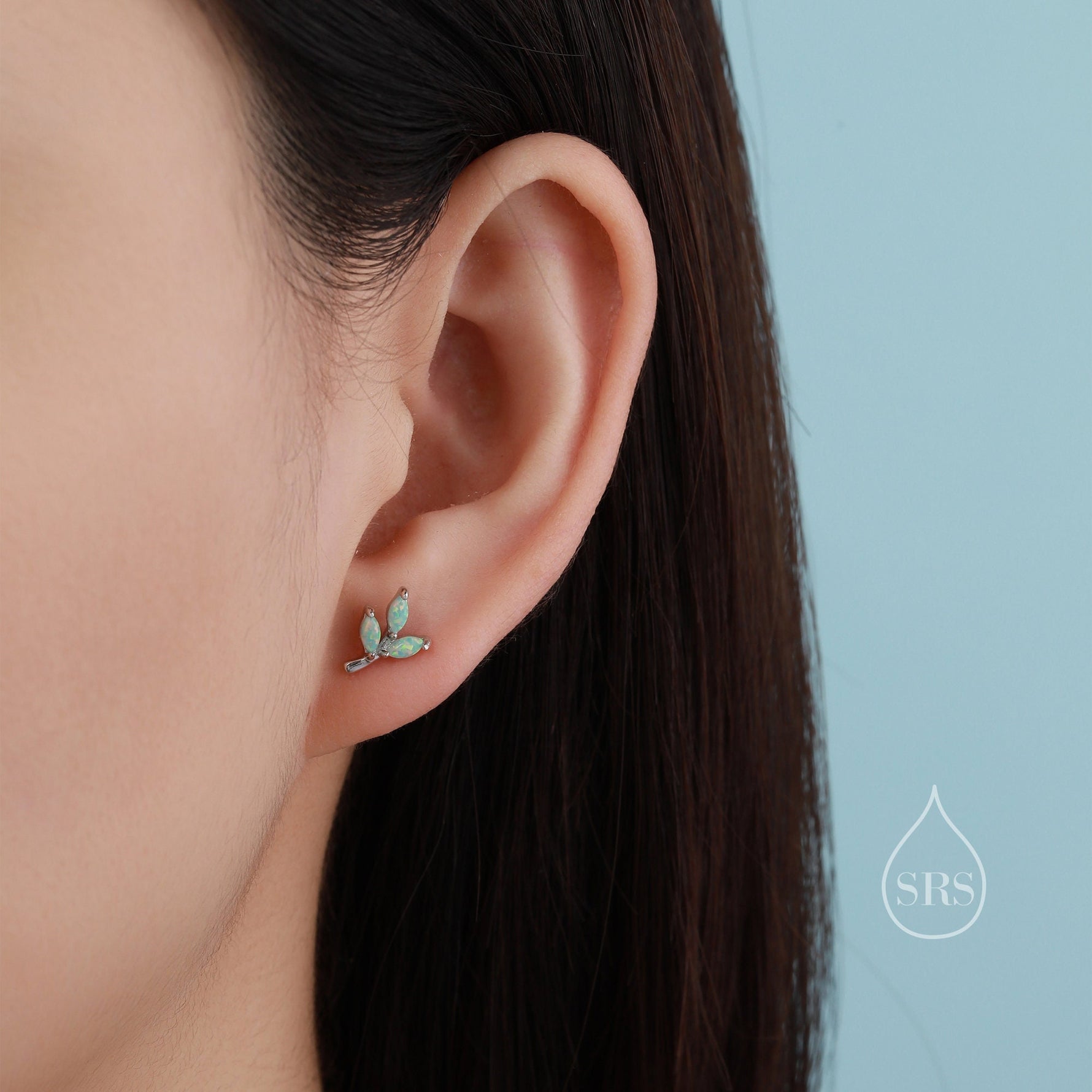 Tiny Little Opal Leaf Stud Earrings in Sterling Silver, Silver or Gold, Olive Leaf Earrings with Lab Opal, Opal Leaf Earrings