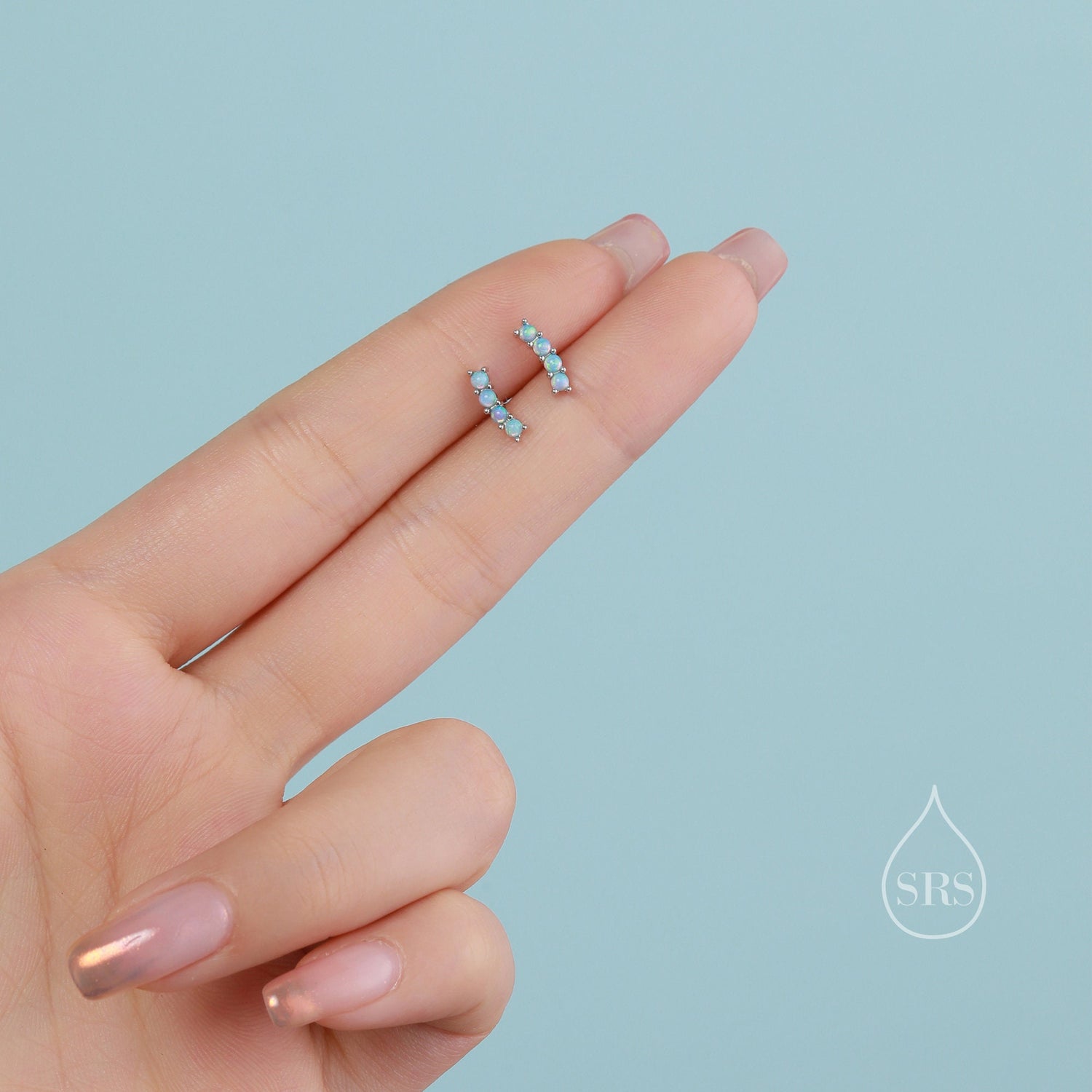 Tiny Little Opal Curved Bar Stud Earrings in Sterling Silver, Silver or Gold, Blue Opal or White Opal, Opal Bar Earrings