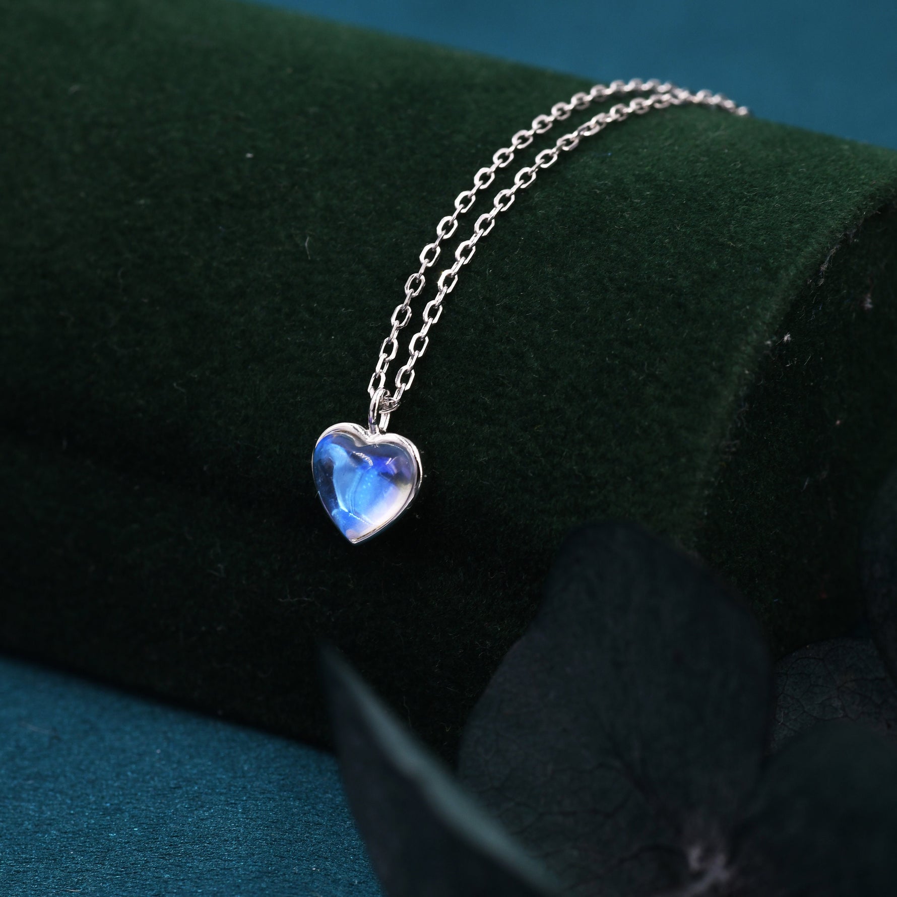 Heart Moonstone Pendant Necklace in Sterling Silver, Moonstone Necklace, Heart Shape Moonstone Necklace, Aurora Crystal, AB Crystal