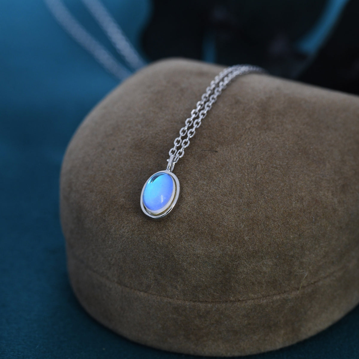 Oval Moonstone Pendant Necklace in Sterling Silver, Moonstone Necklace, Oval Shape Moonstone Necklace, Aurora Crystal, AB Crystal