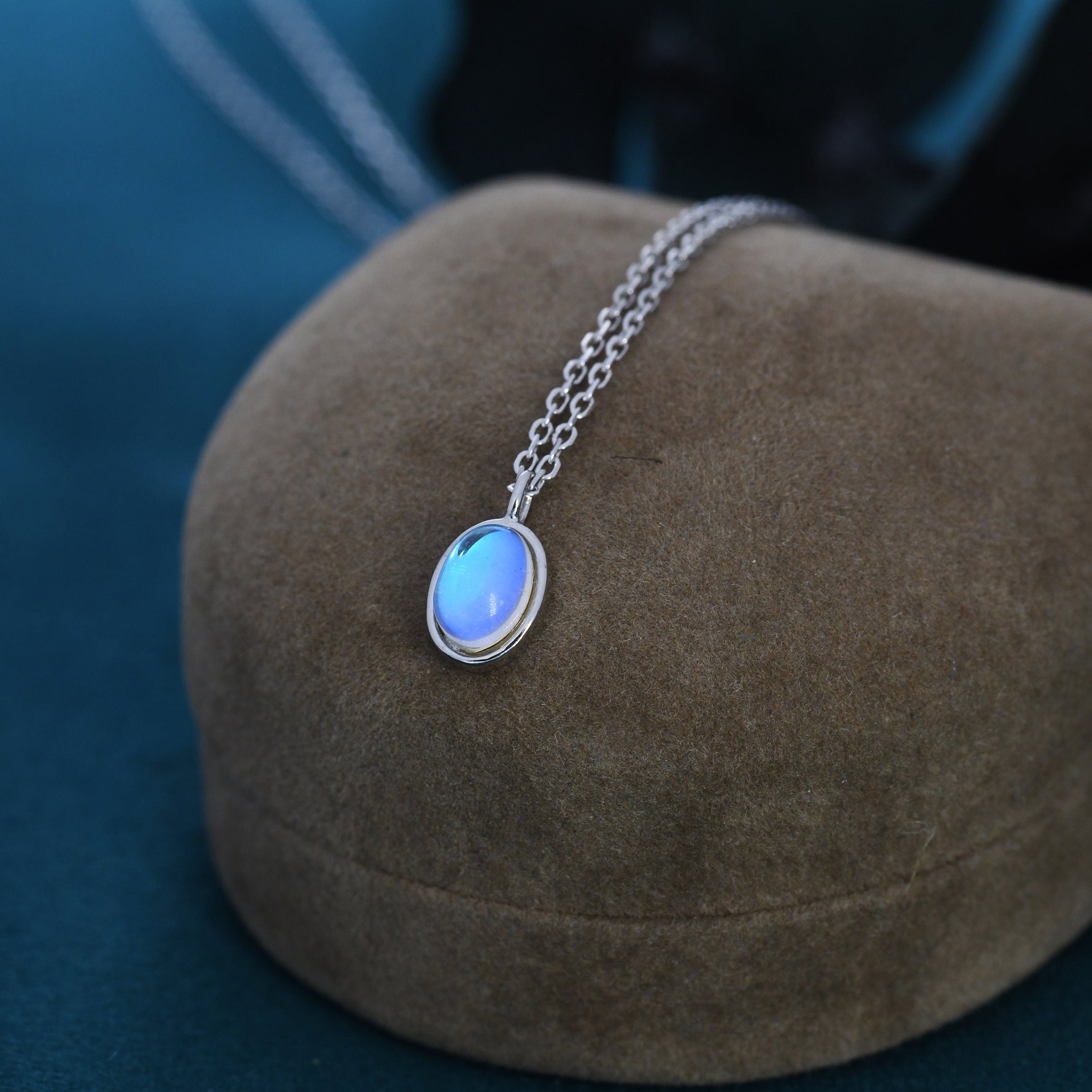Oval Moonstone Pendant Necklace in Sterling Silver, Moonstone Necklace, Oval Shape Moonstone Necklace, Aurora Crystal, AB Crystal