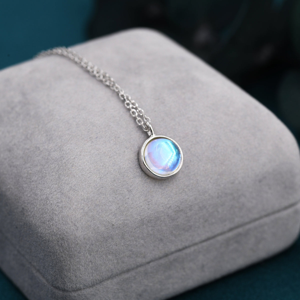 Moonstone Coin Pendant Necklace in Sterling Silver, Round Moonstone Necklace, Circle Shape Moonstone Necklace, Aurora Crystal, AB Crystal