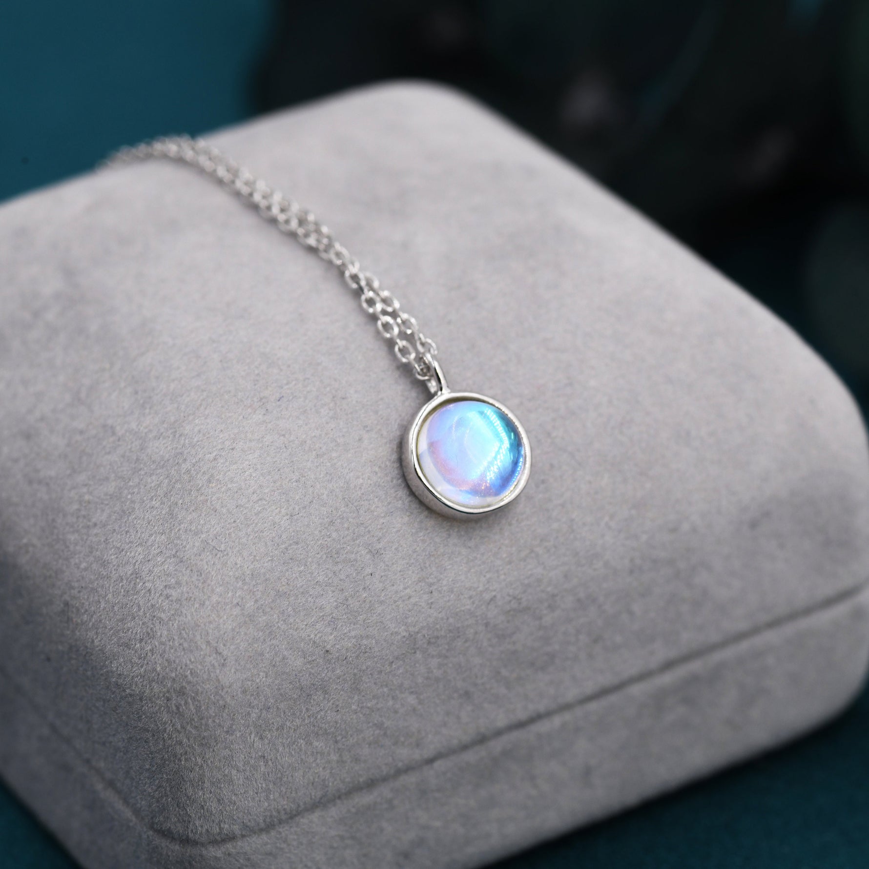 Moonstone Coin Pendant Necklace in Sterling Silver, Round Moonstone Necklace, Circle Shape Moonstone Necklace, Aurora Crystal, AB Crystal
