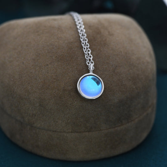 Moonstone Coin Pendant Necklace in Sterling Silver, Round Moonstone Necklace,  Circle Shape Moonstone Necklace, Aurora Crystal, AB Crystal