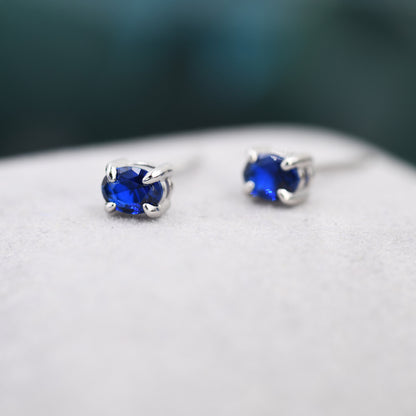 Sapphire Blue Oval CZ Stud Earrings in Sterling Silver,  Silver or Gold, Oval Cut Crystal Earrings, September Birthstone