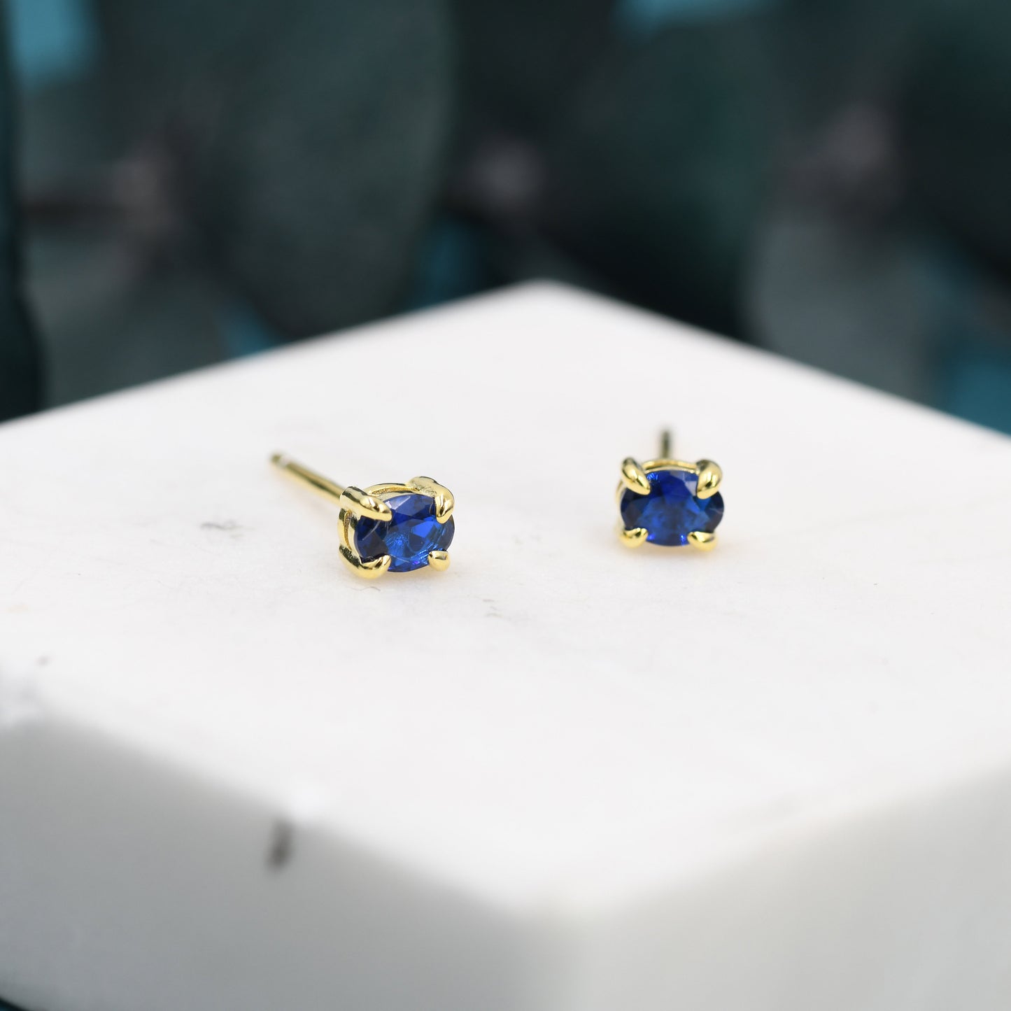 Sapphire Blue Oval CZ Stud Earrings in Sterling Silver,  Silver or Gold, Oval Cut Crystal Earrings, September Birthstone