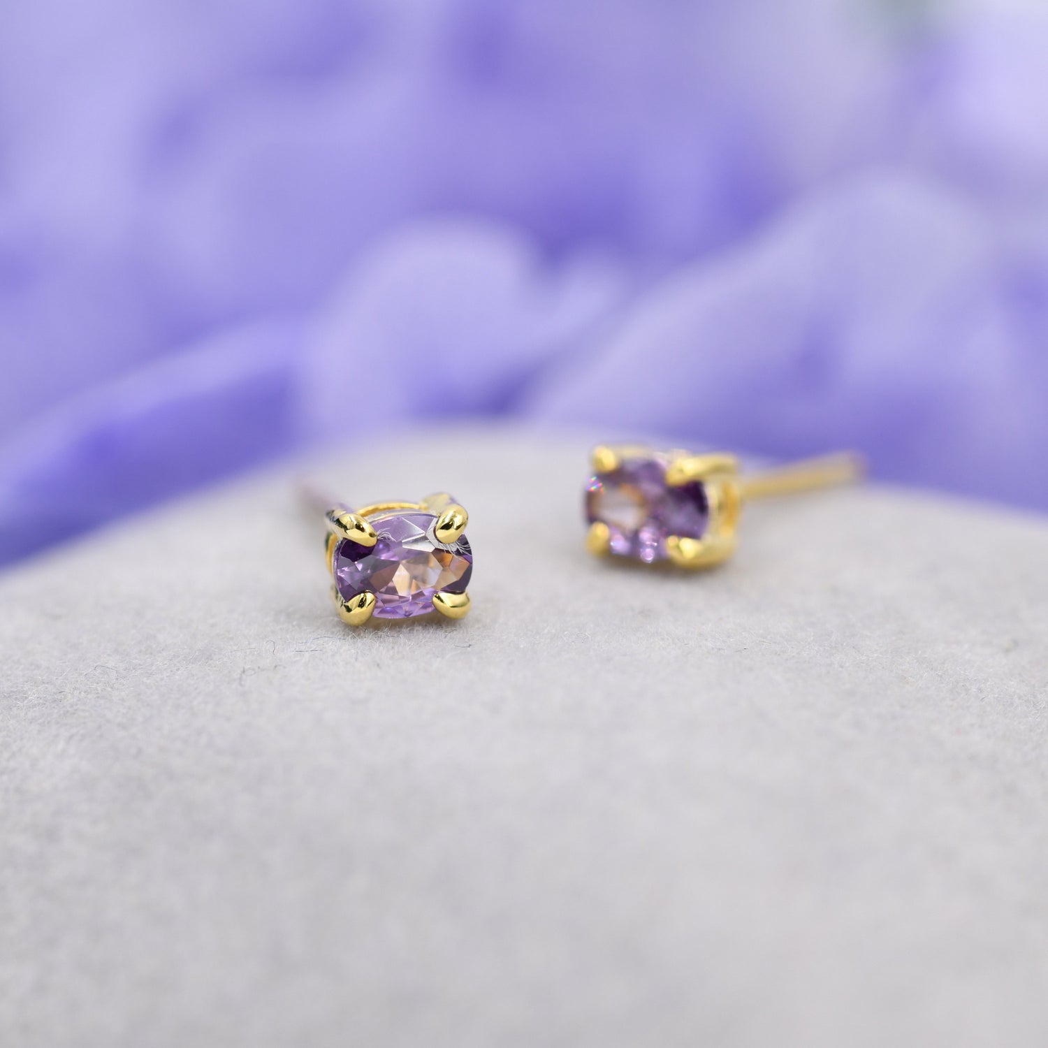 Very Tiny Amethyst Purple Oval CZ Stud Earrings in Sterling Silver, Silver or Gold, Oval Cut Crystal Earrings, February Birthstone