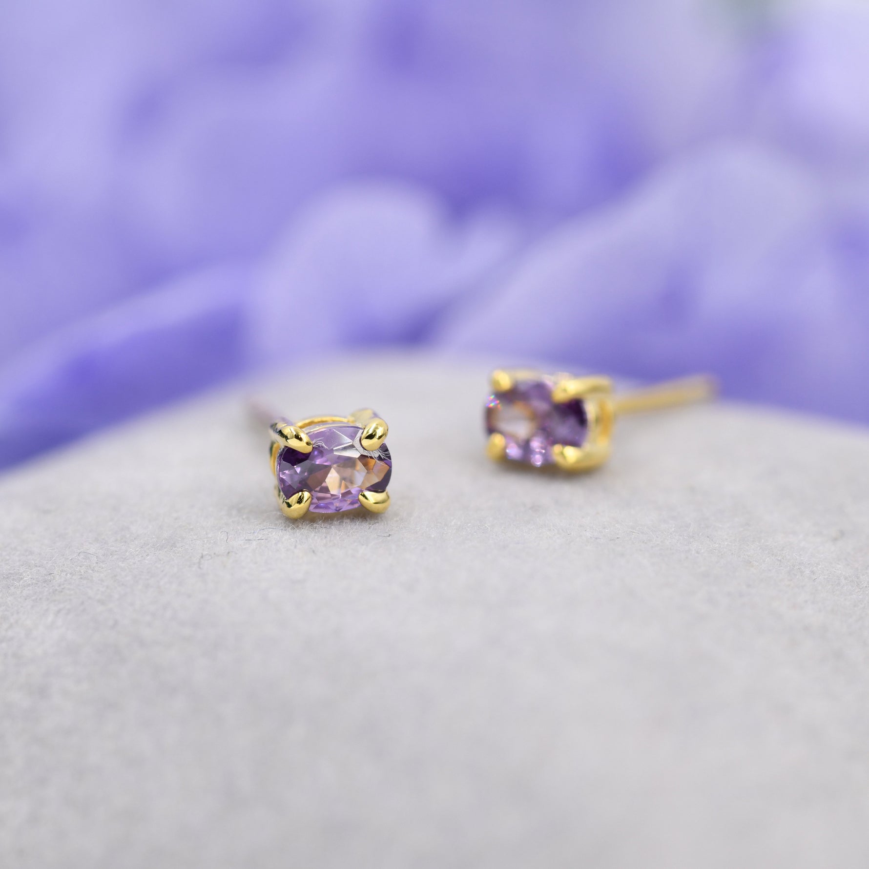 Very Tiny Amethyst Purple Oval CZ Stud Earrings in Sterling Silver, Silver or Gold, Oval Cut Crystal Earrings, February Birthstone