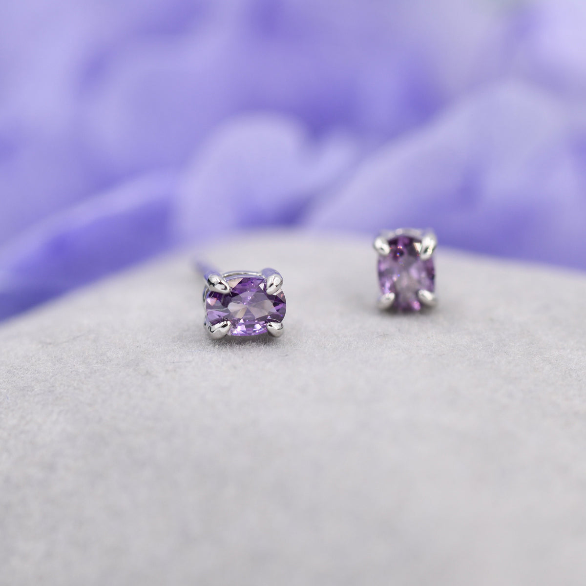 Very Tiny Amethyst Purple Oval CZ Stud Earrings in Sterling Silver, Silver or Gold, Oval Cut Crystal Earrings, February Birthstone