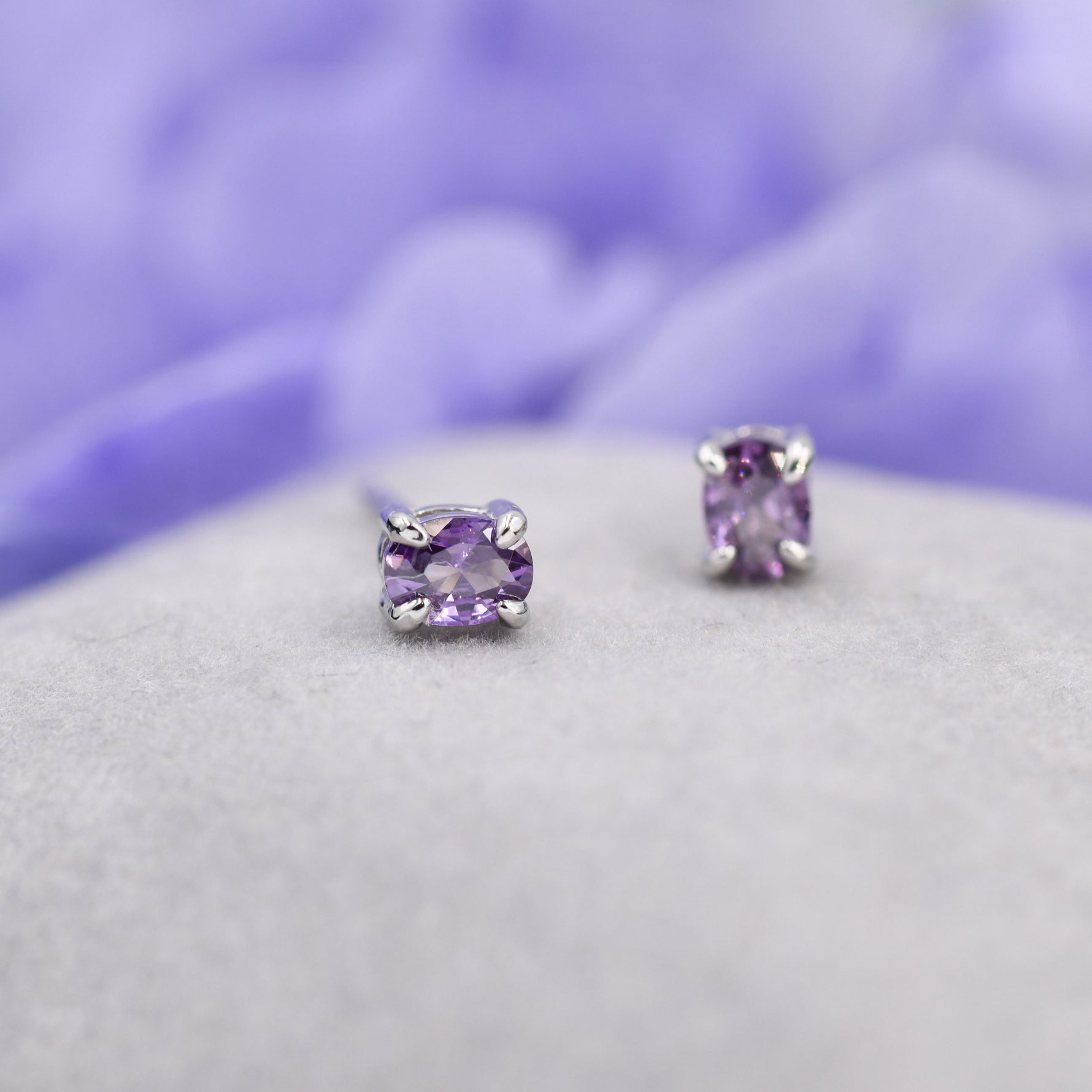 Very Tiny Amethyst Purple Oval CZ Stud Earrings in Sterling Silver, Silver or Gold, Oval Cut Crystal Earrings, February Birthstone
