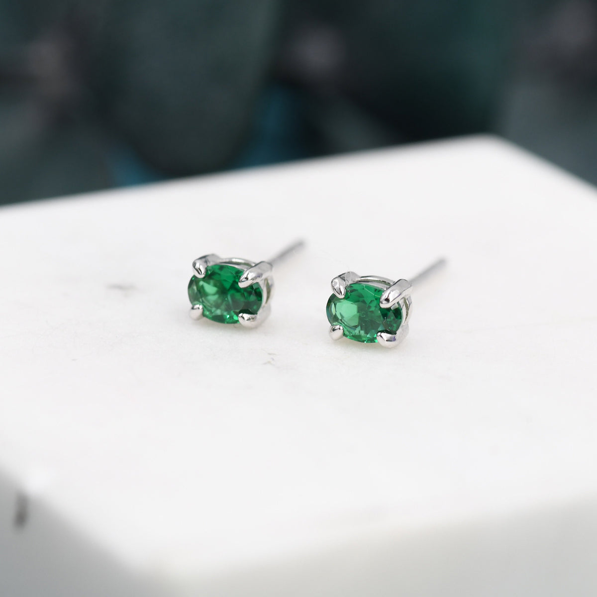 Very Tiny Emerald Green Oval CZ Stud Earrings in Sterling Silver, Silver or Gold, Oval Cut Crystal Earrings, May Birthstone