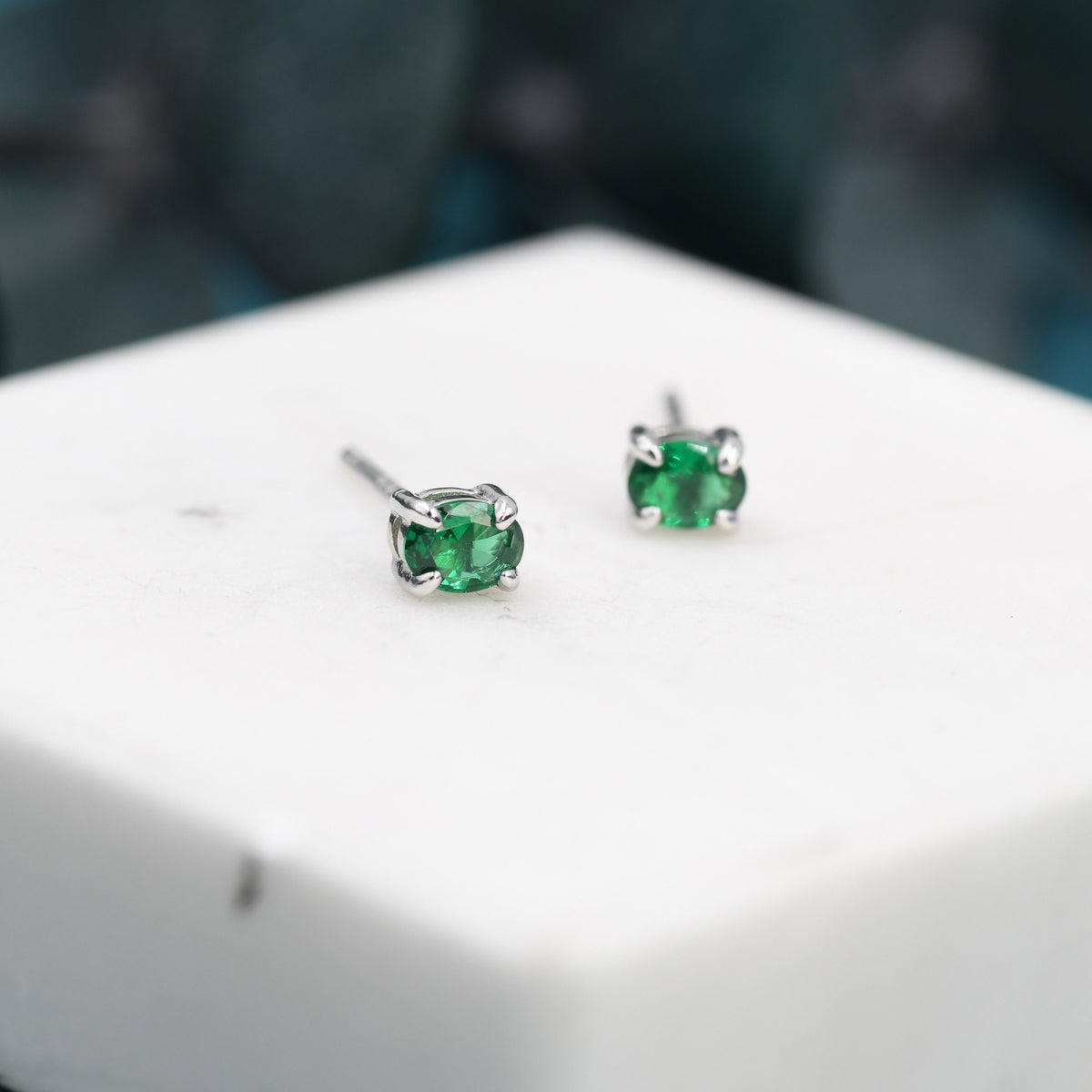 Very Tiny Emerald Green Oval CZ Stud Earrings in Sterling Silver, Silver or Gold, Oval Cut Crystal Earrings, May Birthstone