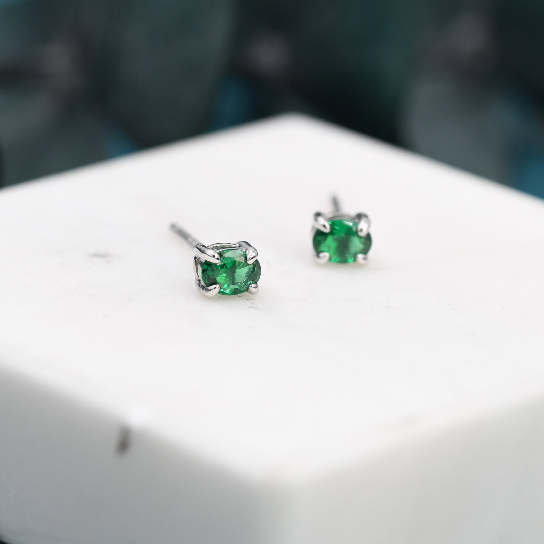 Very Tiny Emerald Green Oval CZ Stud Earrings in Sterling Silver, Silver or Gold, Oval Cut Crystal Earrings, May Birthstone