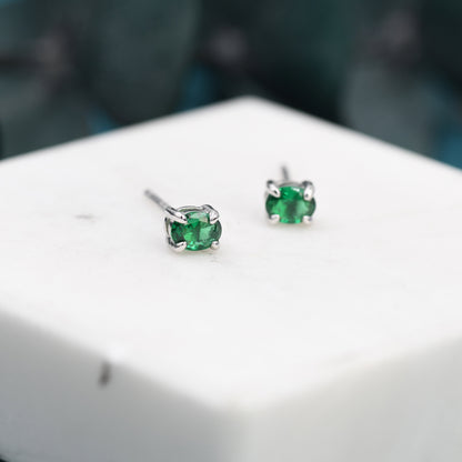 Very Tiny Emerald Green Oval CZ Stud Earrings in Sterling Silver,  Silver or Gold, Oval Cut Crystal Earrings, May Birthstone