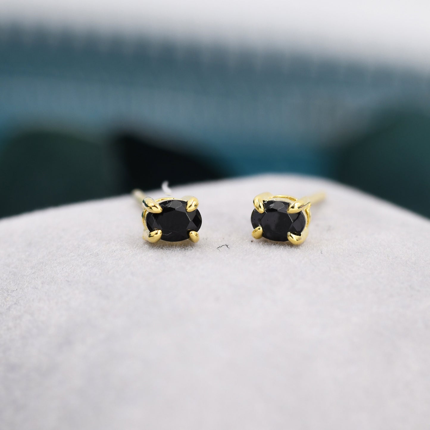 Very Tiny Black Oval CZ Stud Earrings in Sterling Silver,  Silver or Gold, Oval Cut Crystal Earrings