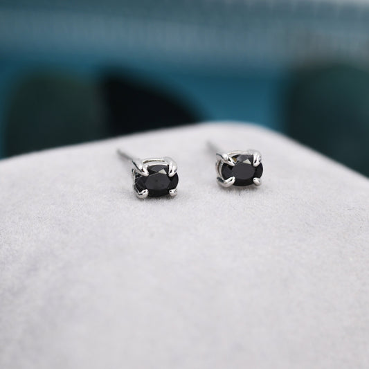 Very Tiny Black Oval CZ Stud Earrings in Sterling Silver, Silver or Gold, Oval Cut Crystal Earrings