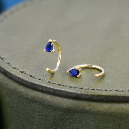 Sapphire Blue CZ Droplet Huggie Hoop Earrings in Sterling Silver, Tiny Blue Pear Cut CZ Open Hoops, Pull Through Threaders, Half Hoops