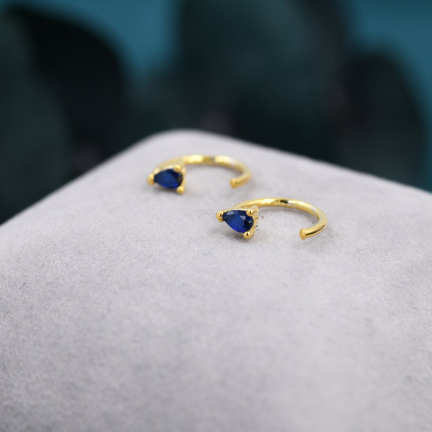 Sapphire Blue CZ Droplet Huggie Hoop Earrings in Sterling Silver, Tiny Blue Pear Cut CZ Open Hoops, Pull Through Threaders, Half Hoops