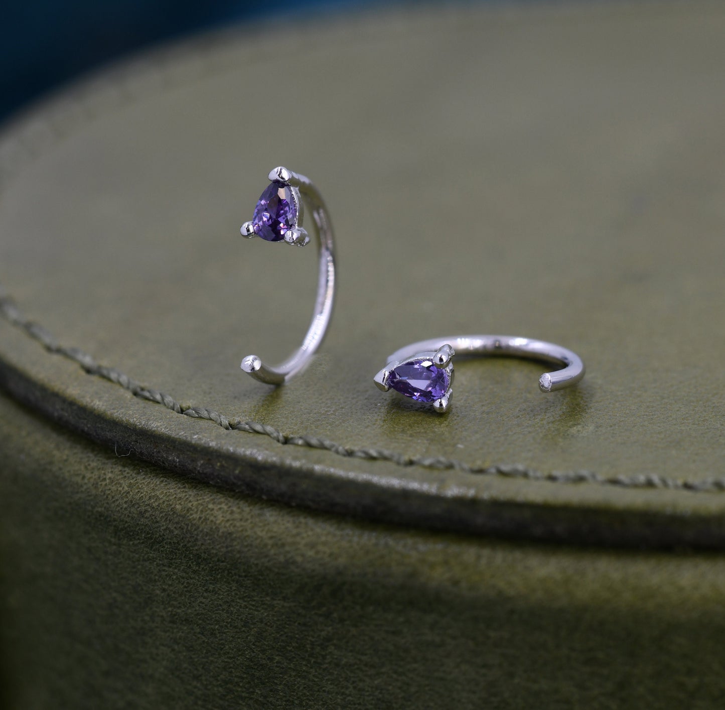 Amethyst Purple CZ Droplet Huggie Hoop Earrings in Sterling Silver, Tiny Purple Pear Cut CZ Open Hoops, Pull Through Threaders, Half Hoops