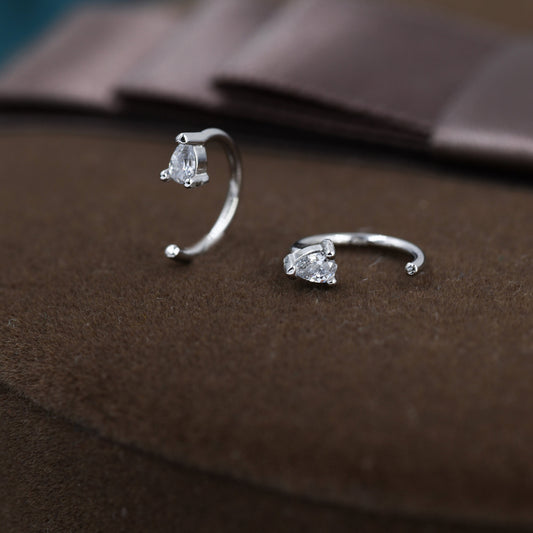 Clear CZ Droplet Huggie Hoop Earrings in Sterling Silver, Tiny Pear Cut CZ Open Hoops, Pull Through Threaders, Half Hoops