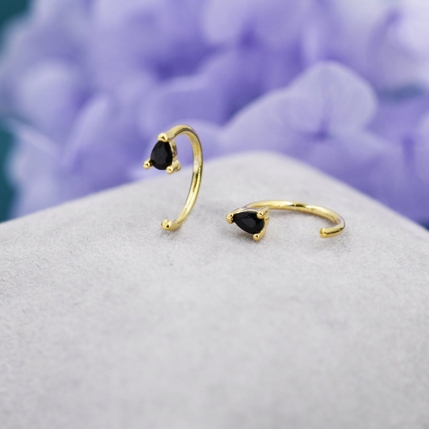 Black CZ Droplet Huggie Hoop Earrings in Sterling Silver, Tiny Pear Cut CZ Open Hoops, Pull Through Threaders, Half Hoops